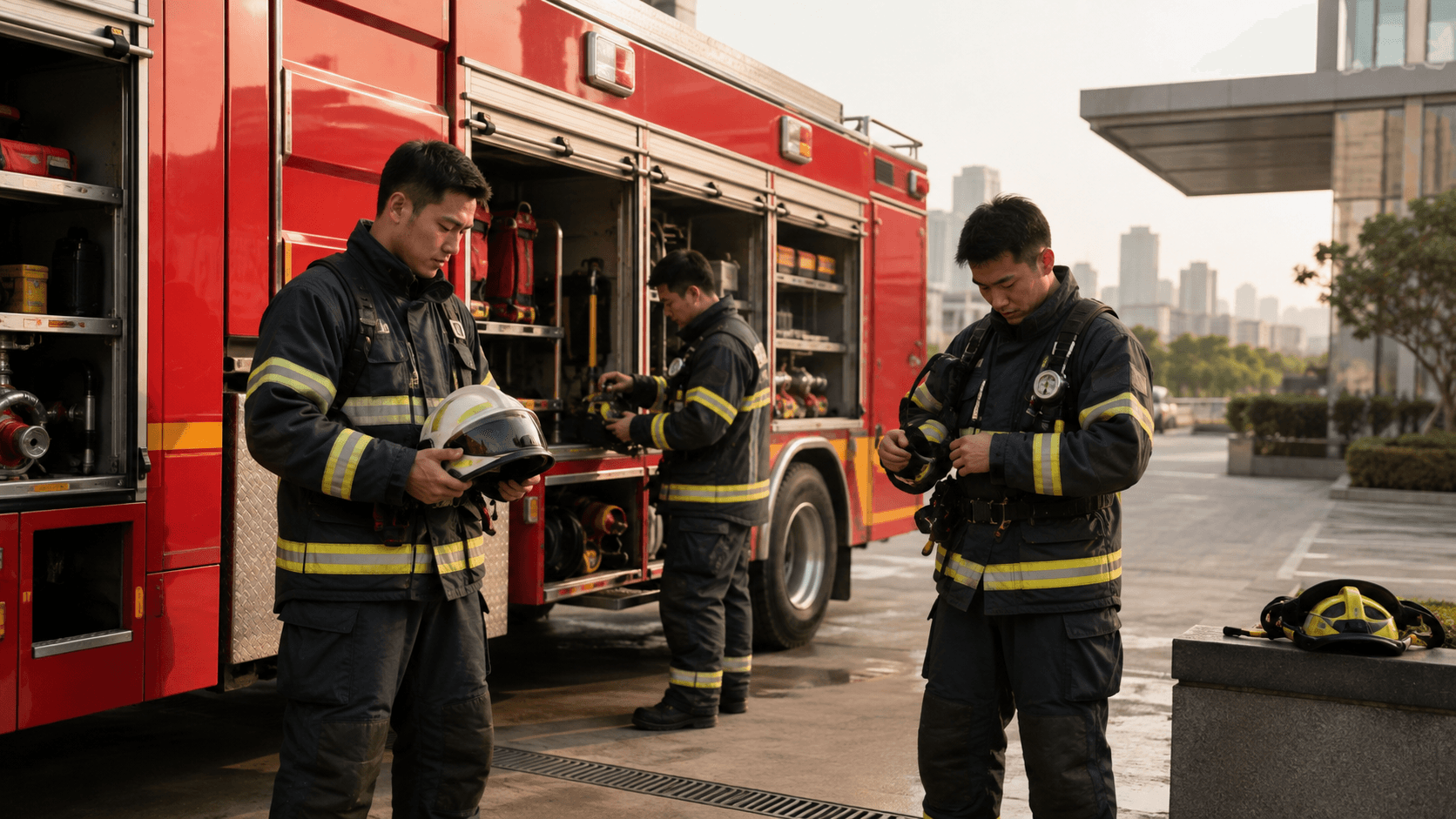 Thai fire and rescue personnel completing an equipment readiness check