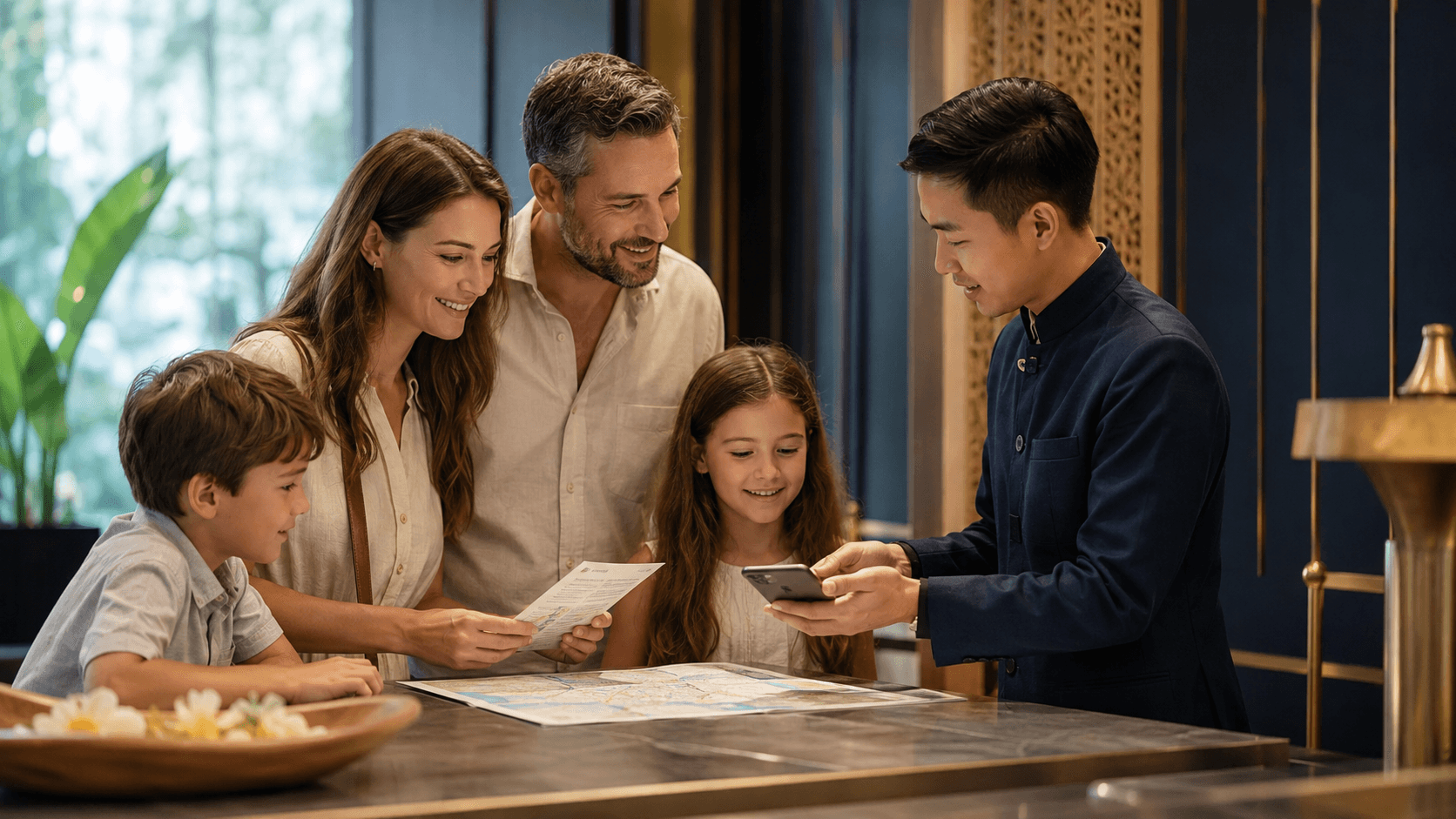Family reviewing travel information with a Thai hospitality professional
