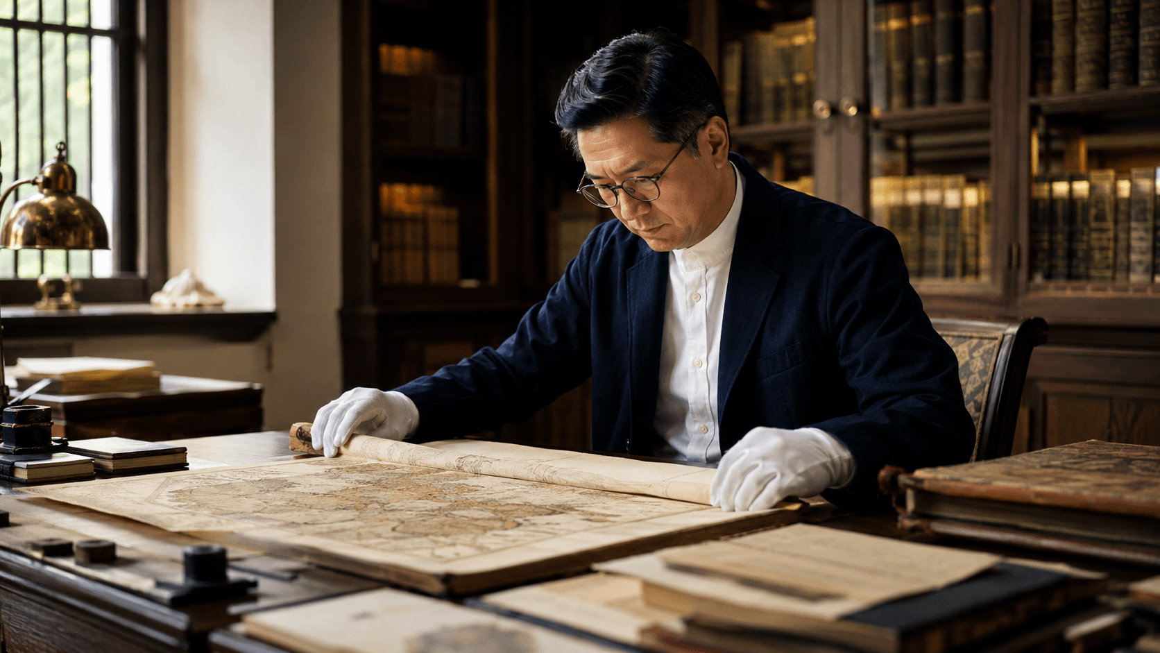 Historical researcher examining archival maps and documents