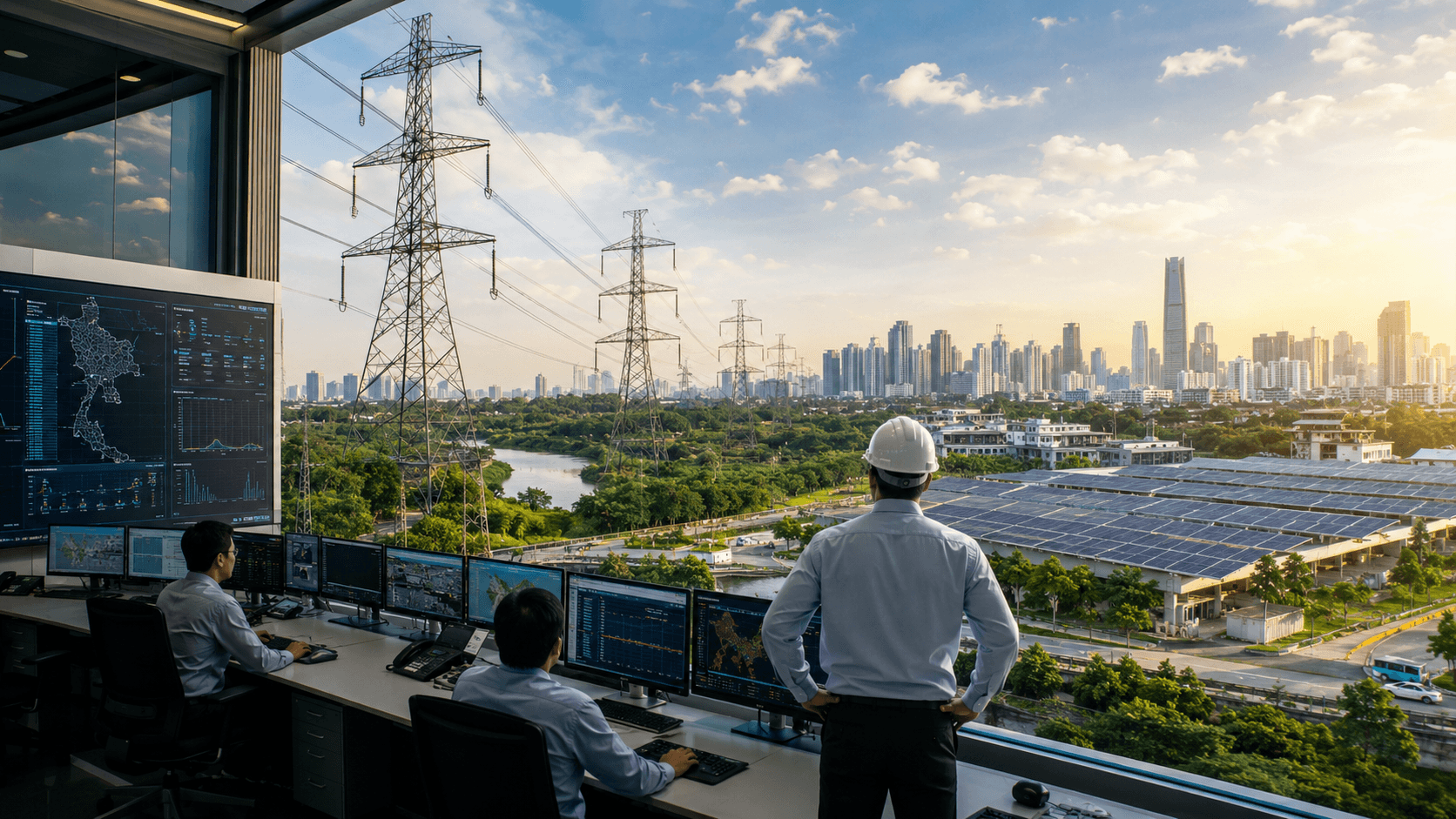 Editorial illustration of electricity and energy infrastructure