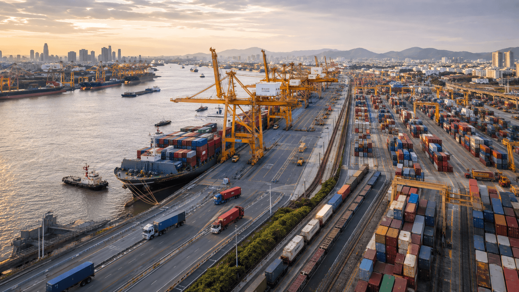 Editorial illustration of port and trade logistics infrastructure