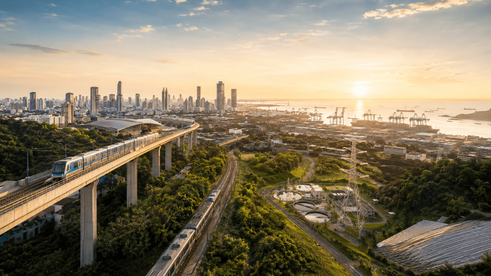 Editorial illustration representing a connected, infrastructure-linked Thailand