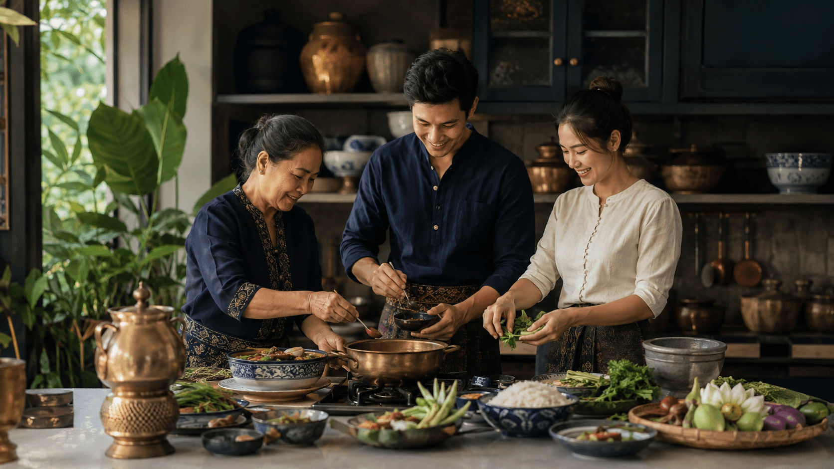Thai regional dishes and fresh ingredients arranged on a table