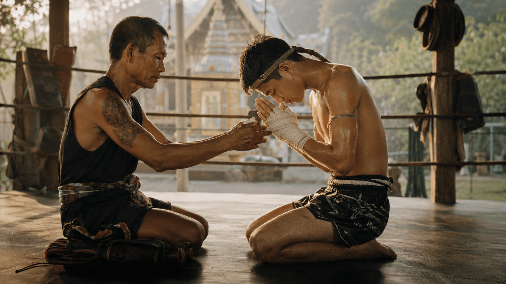 Muay Thai training scene showing traditional practice and discipline
