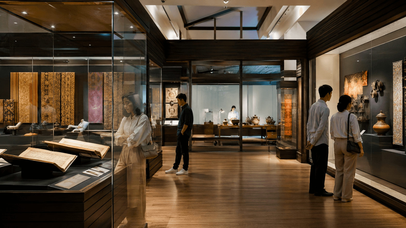 A Thai museum gallery displaying historical and cultural artifacts