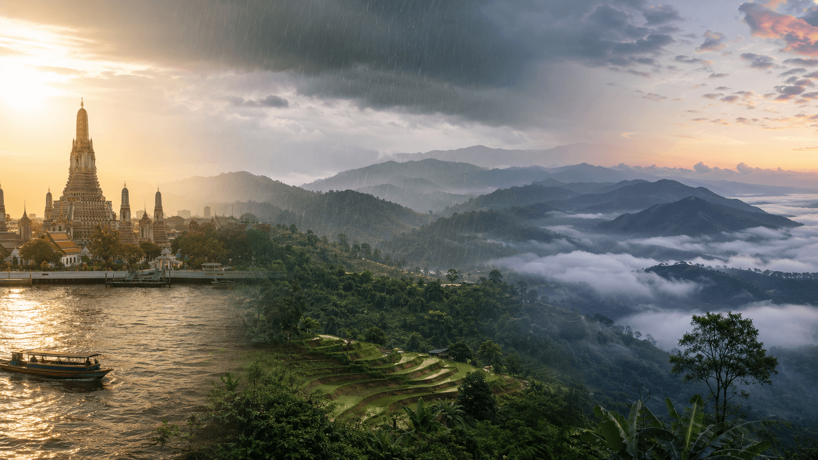 Editorial banner representing Thailand's three seasons — hot, rainy and cool