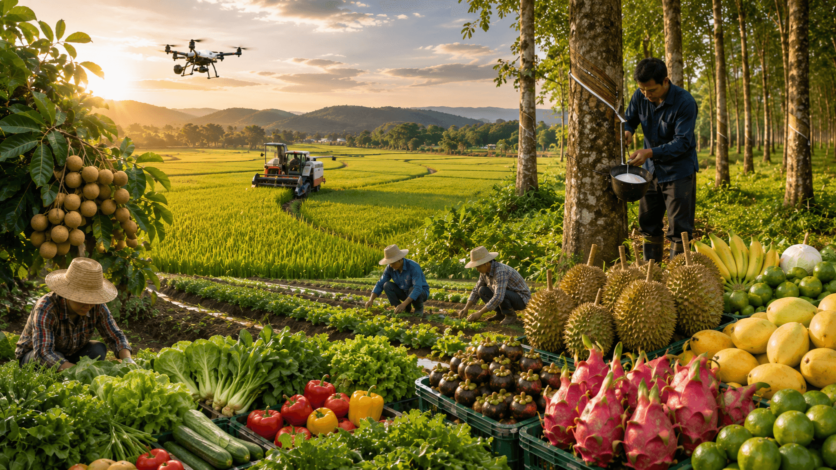 A varied patchwork of crops across the Thai countryside