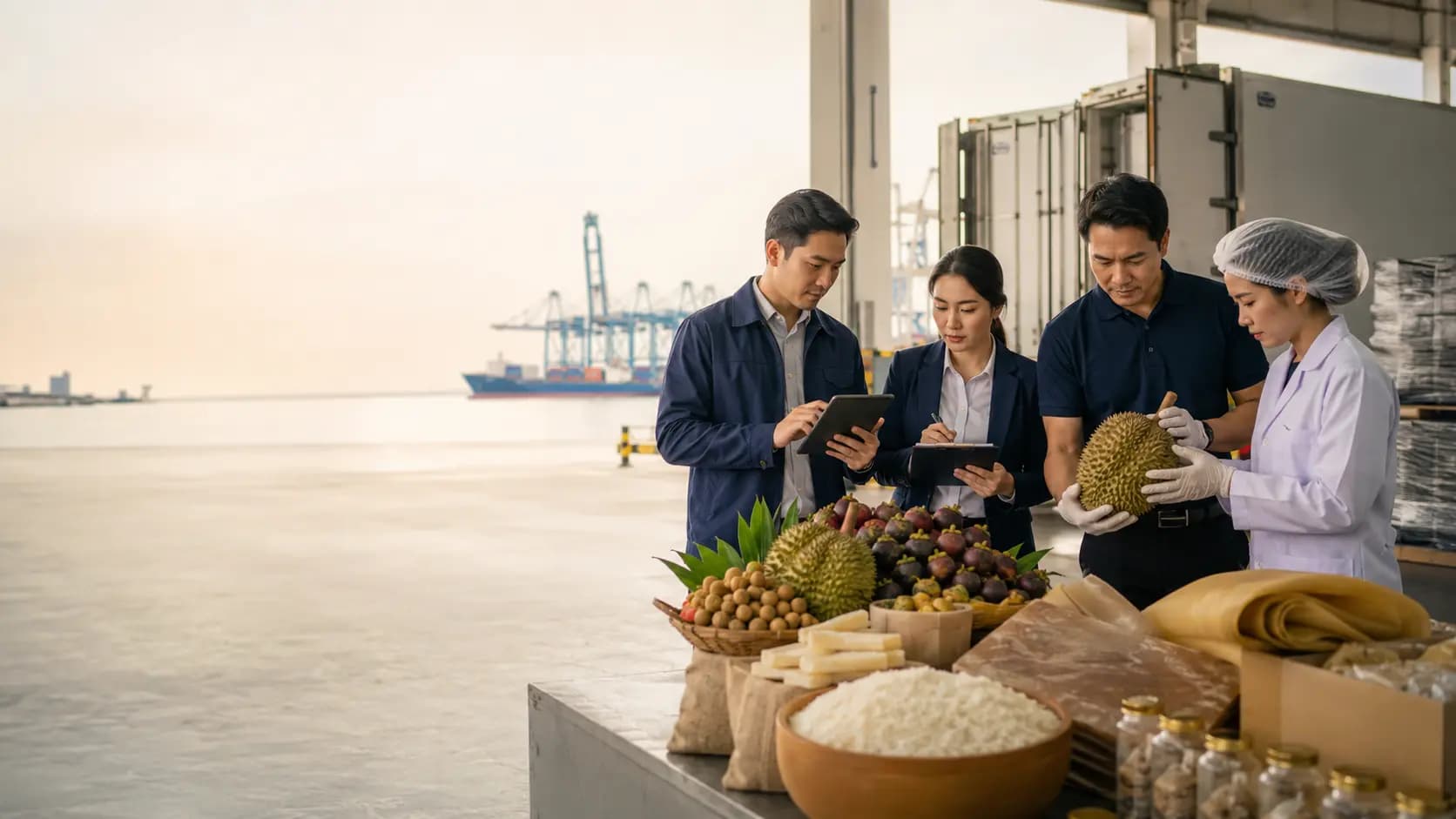 Conceptual view of agricultural produce, inspection and export logistics activity supporting Thailand's trade data.