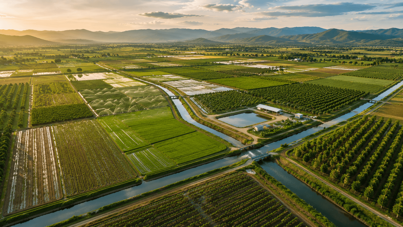 Irrigation channels and crop patterns viewed from above