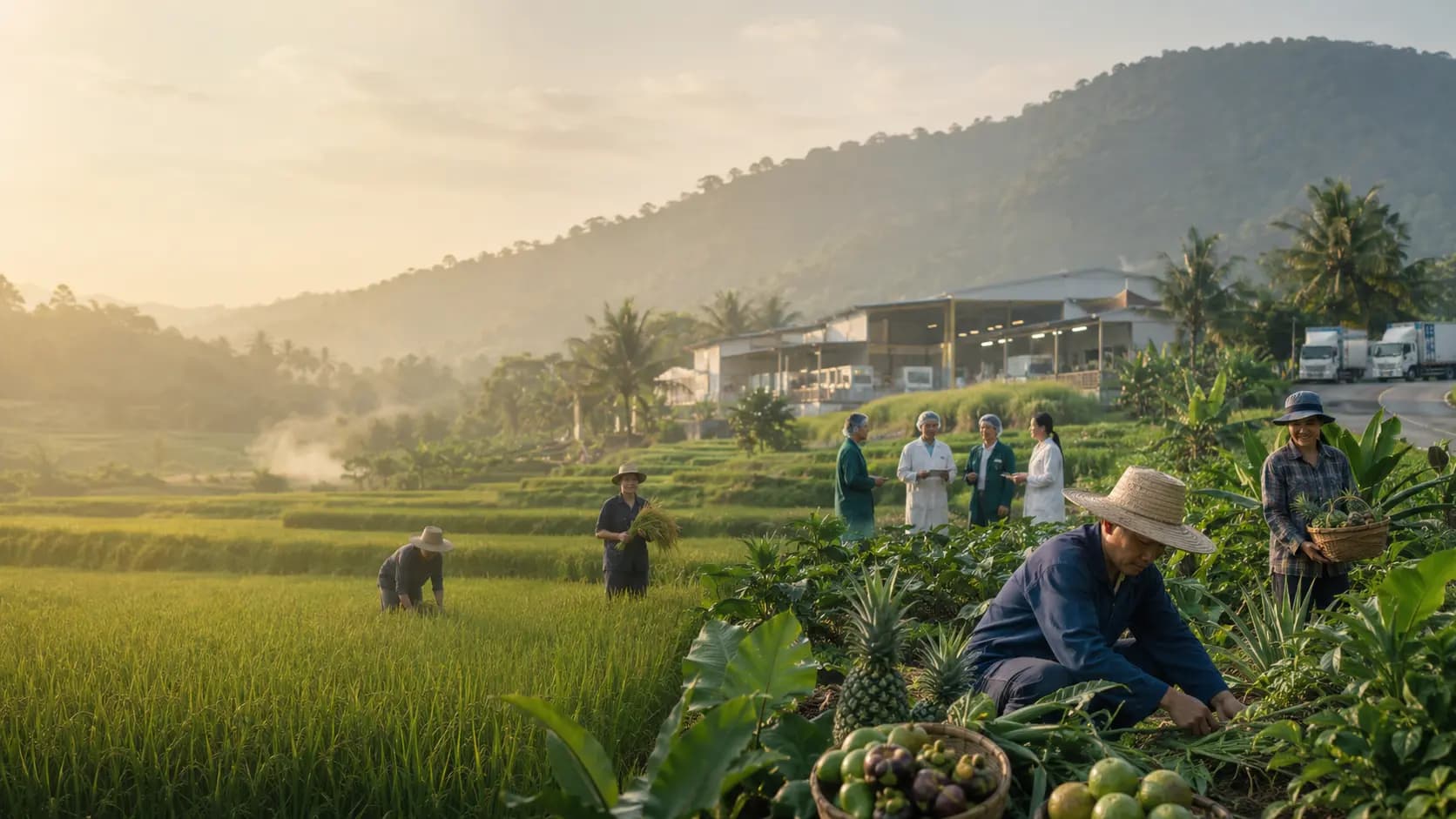 Conceptual view of Thailand's agricultural value chain, from farming and harvesting to processing and export logistics.