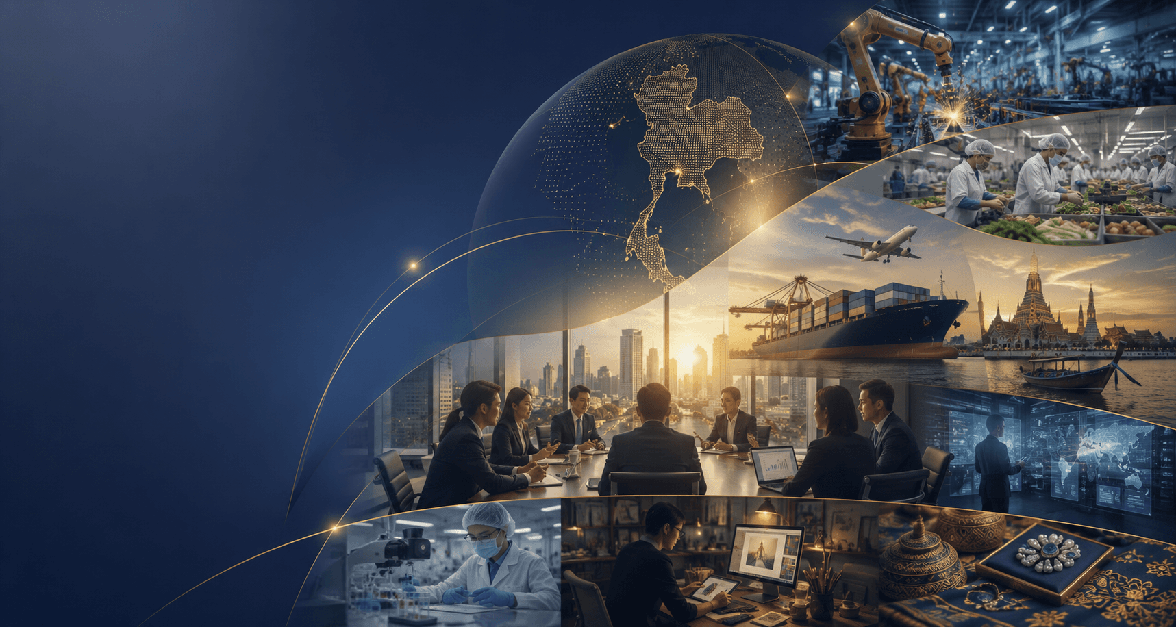 Trade associations and sector bodies supporting Thailand market access — port and cargo logistics, Wat Arun and the Bangkok skyline, and a business meeting overlooking the city