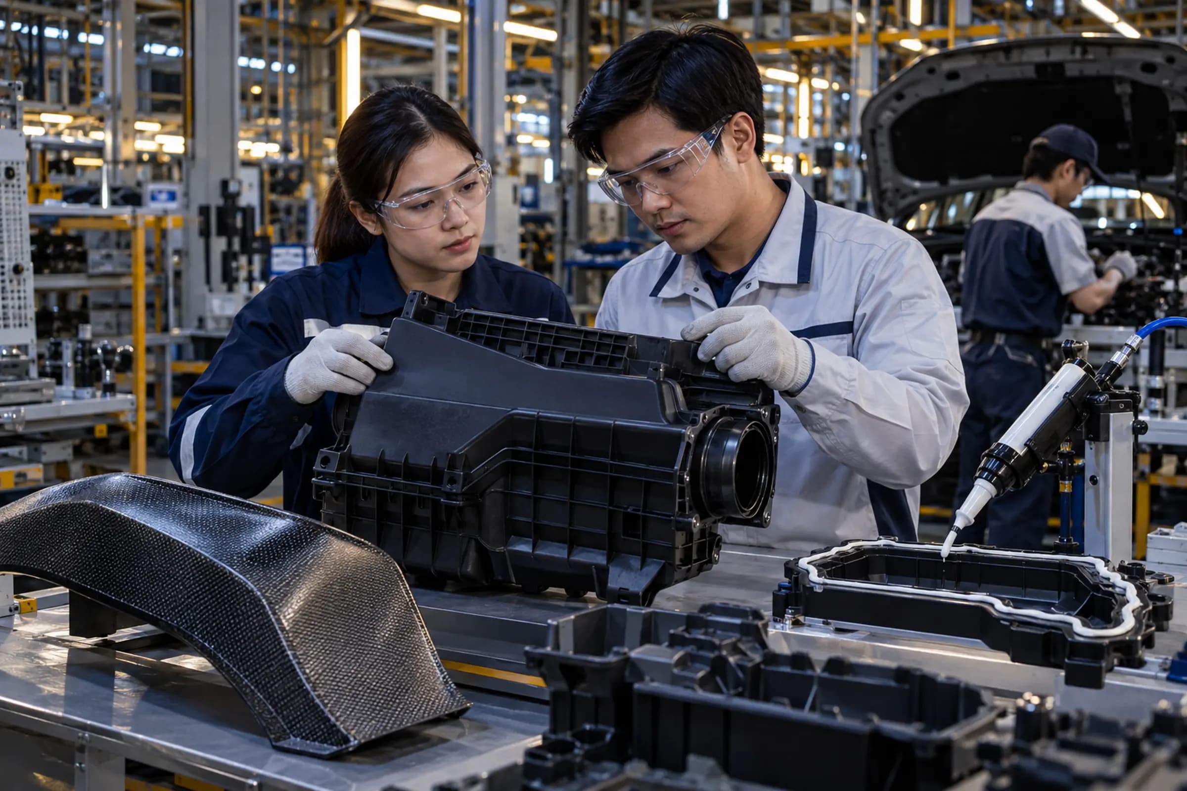 Automotive components manufactured from engineering plastics and elastomers