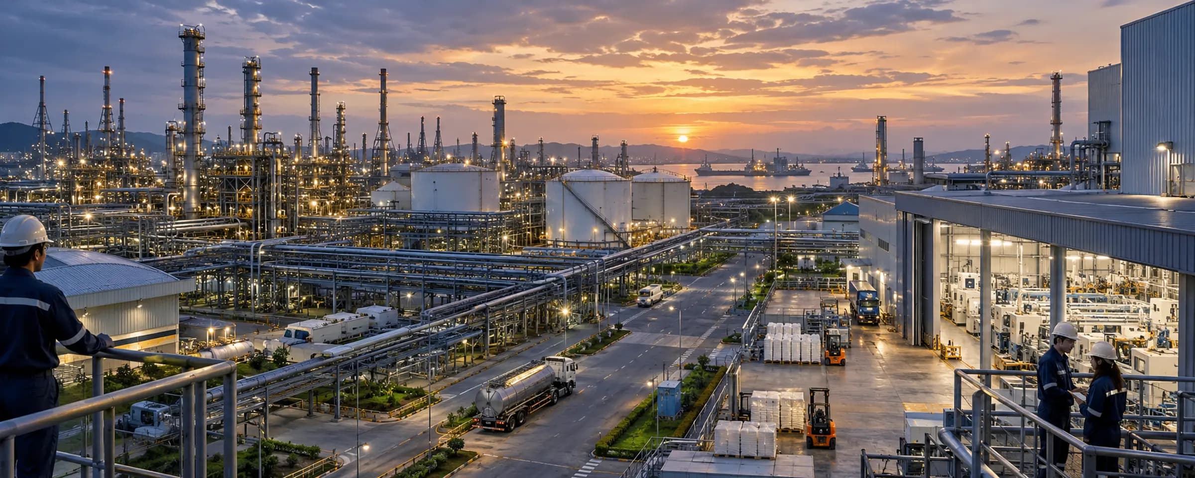 Petrochemical processing towers at an industrial complex in Thailand