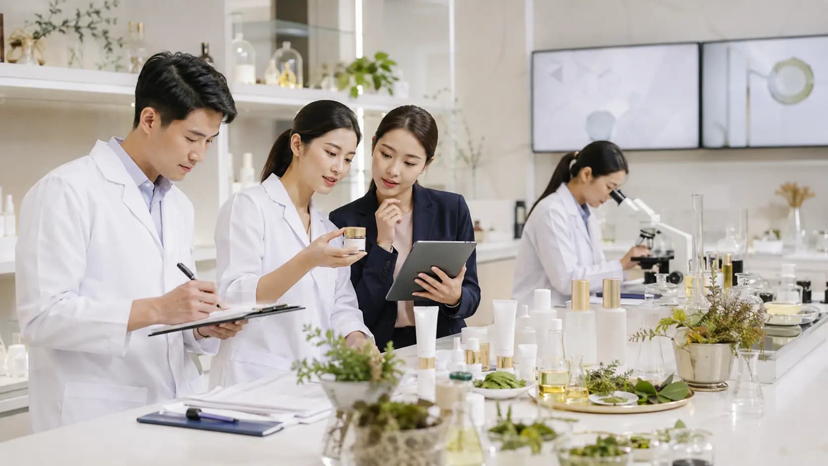 Thai cosmetics researchers reviewing botanical ingredients, laboratory documentation and quality-control data.