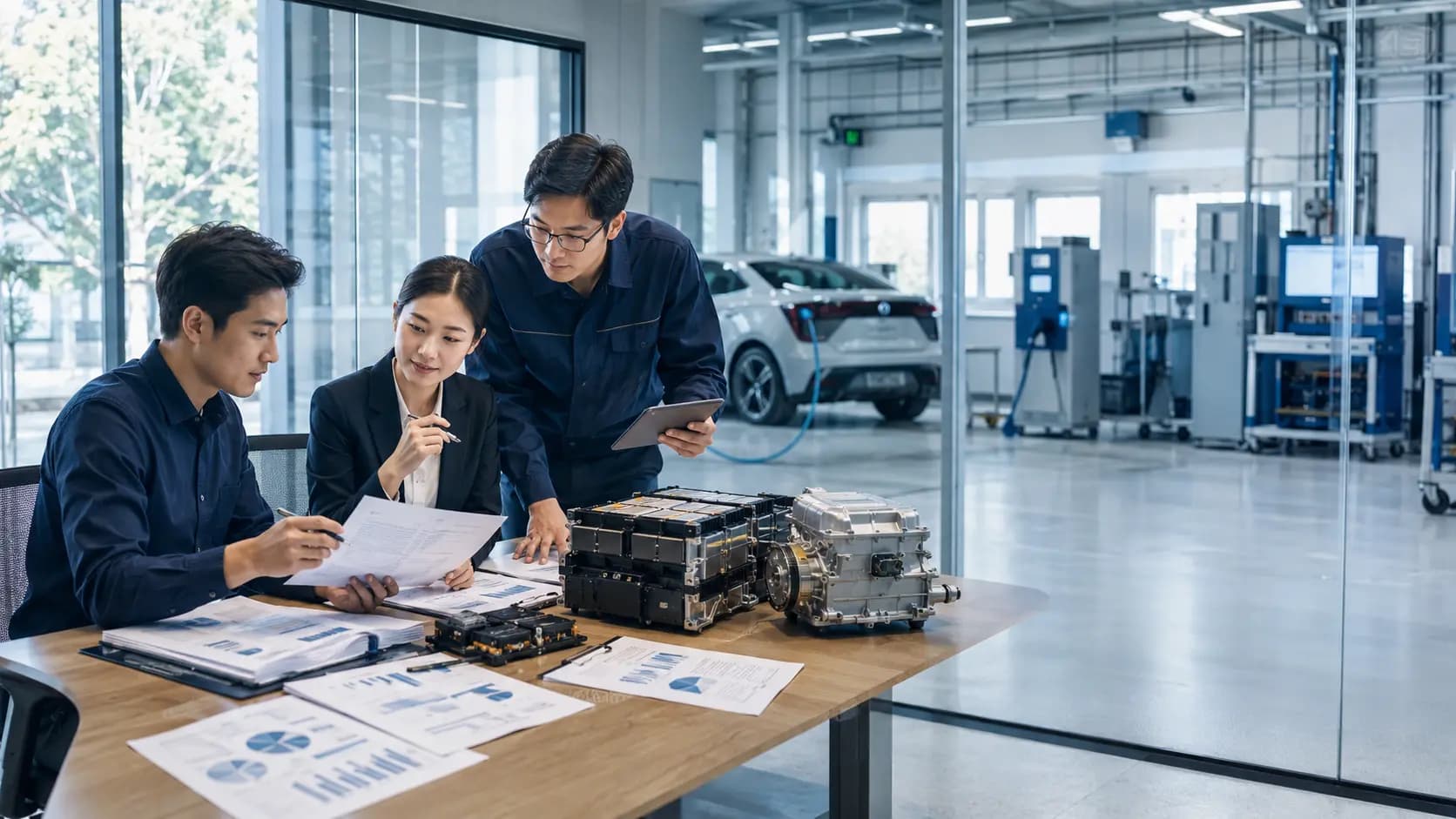 Thai EV analysts and an electrical engineer reviewing mobility data beside battery and electric drivetrain components