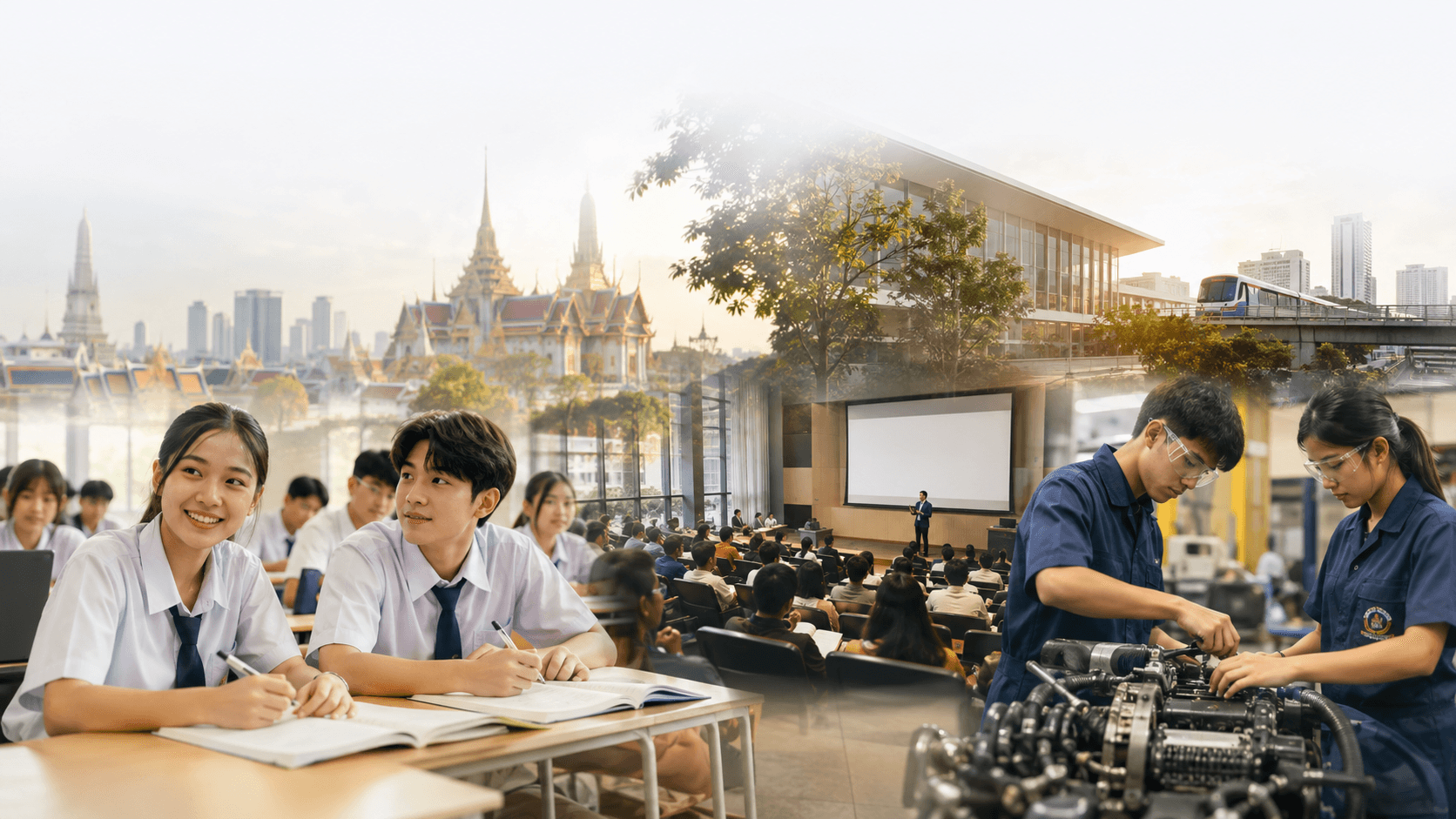 Thai students in a classroom, a university lecture hall and vocational trainees working on machinery, set against Bangkok's skyline and the Grand Palace