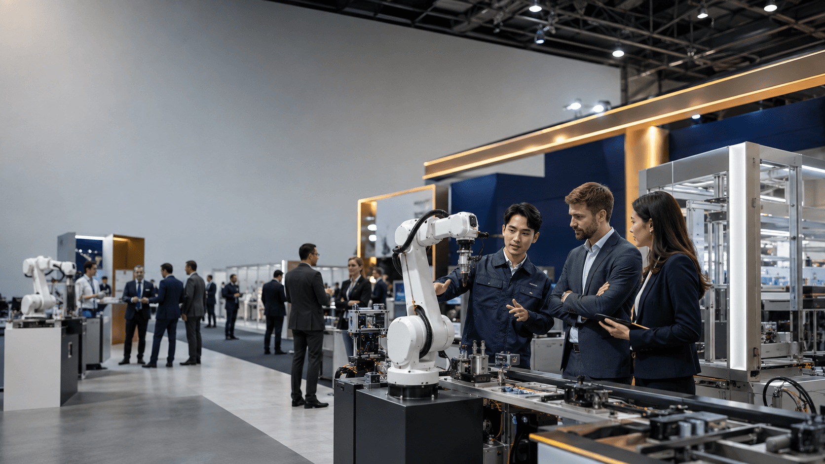 T3 editorial visualization of industrial machinery and automation technology on an exhibition floor.