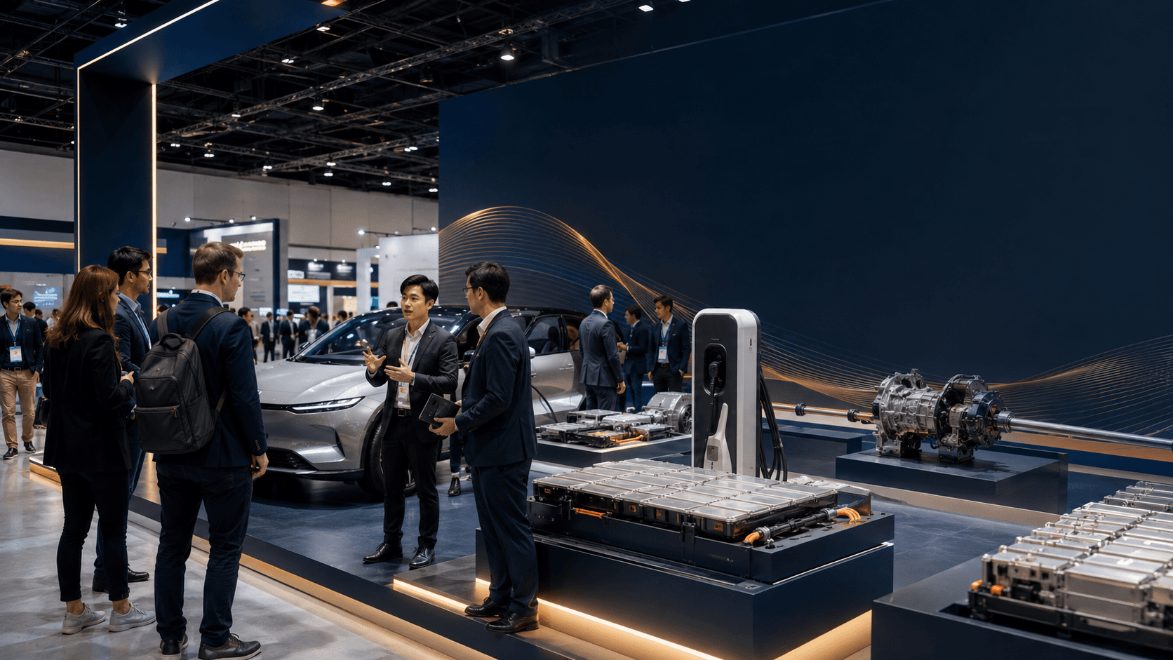 T3 editorial visualization of an electric vehicle and future-mobility display at an exhibition.