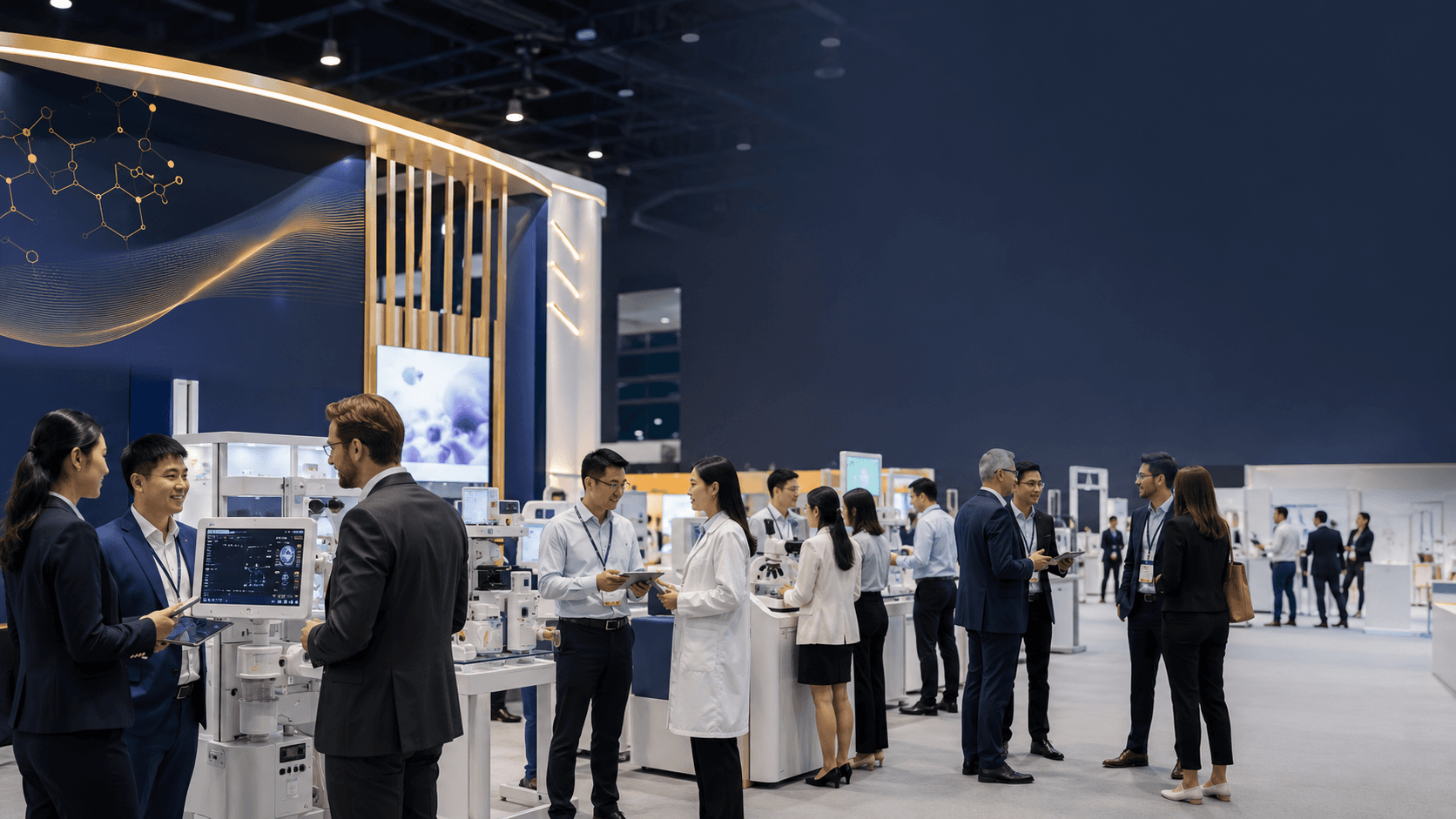 T3 editorial visualization of healthcare and medical device exhibits at an exhibition.