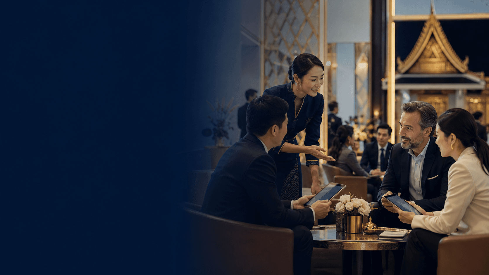 Representative illustration of two business delegations meeting in a lounge setting with a Bangkok skyline visible beyond, both people fully in frame.