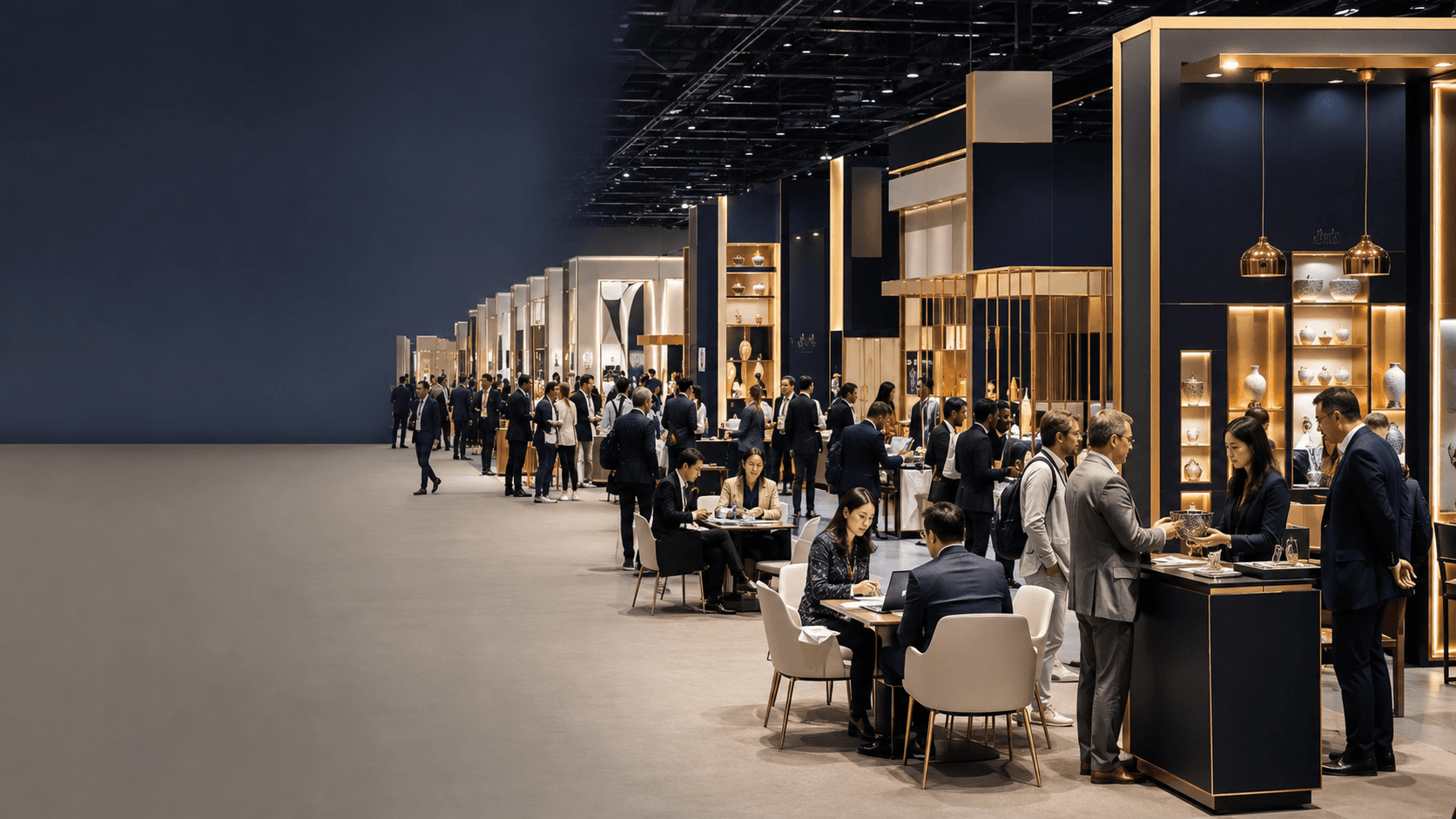 Representative illustration of a gold-and-navy toned exhibition aisle with trade show booths.