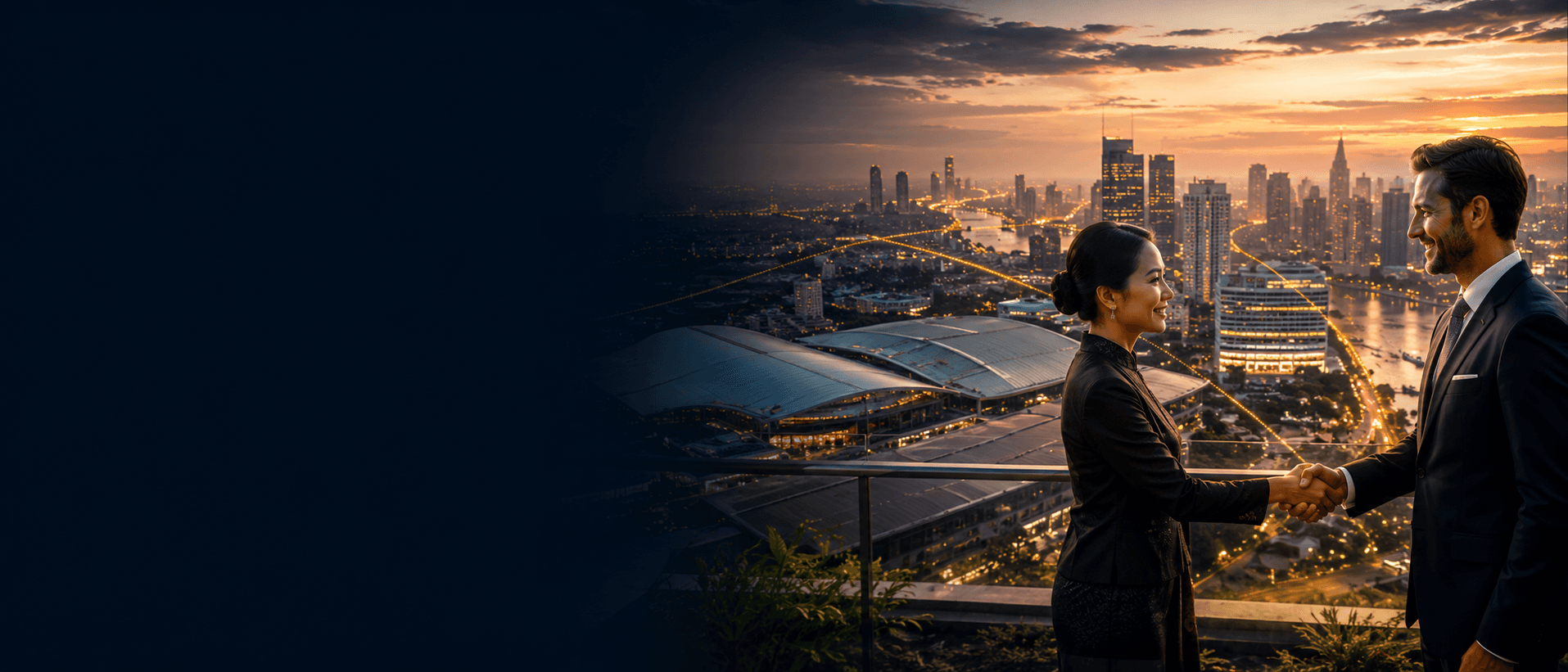 Business delegates connecting after an exhibition with Bangkok's skyline in the background.