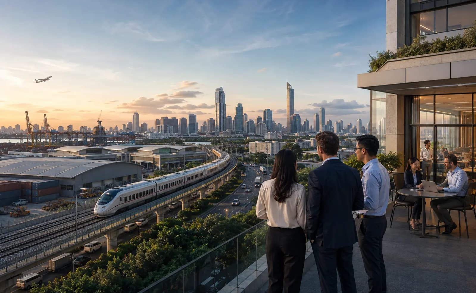 Professionals overlooking modern Thai transport, logistics, industry and business infrastructure.