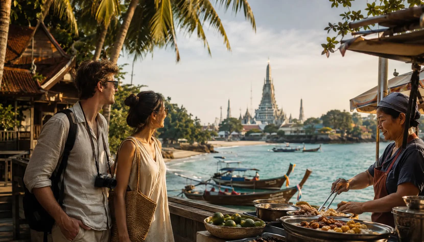 Visitors experiencing Thailand's coastline, temple heritage and street food.