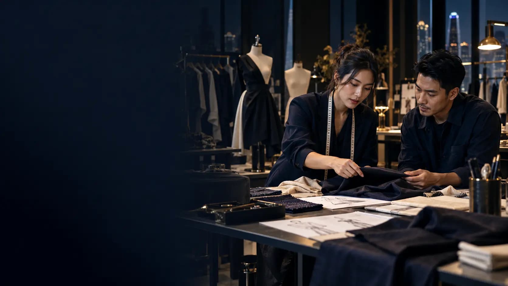 Fashion designers and stylists at work in a Bangkok studio, with retail displays visible