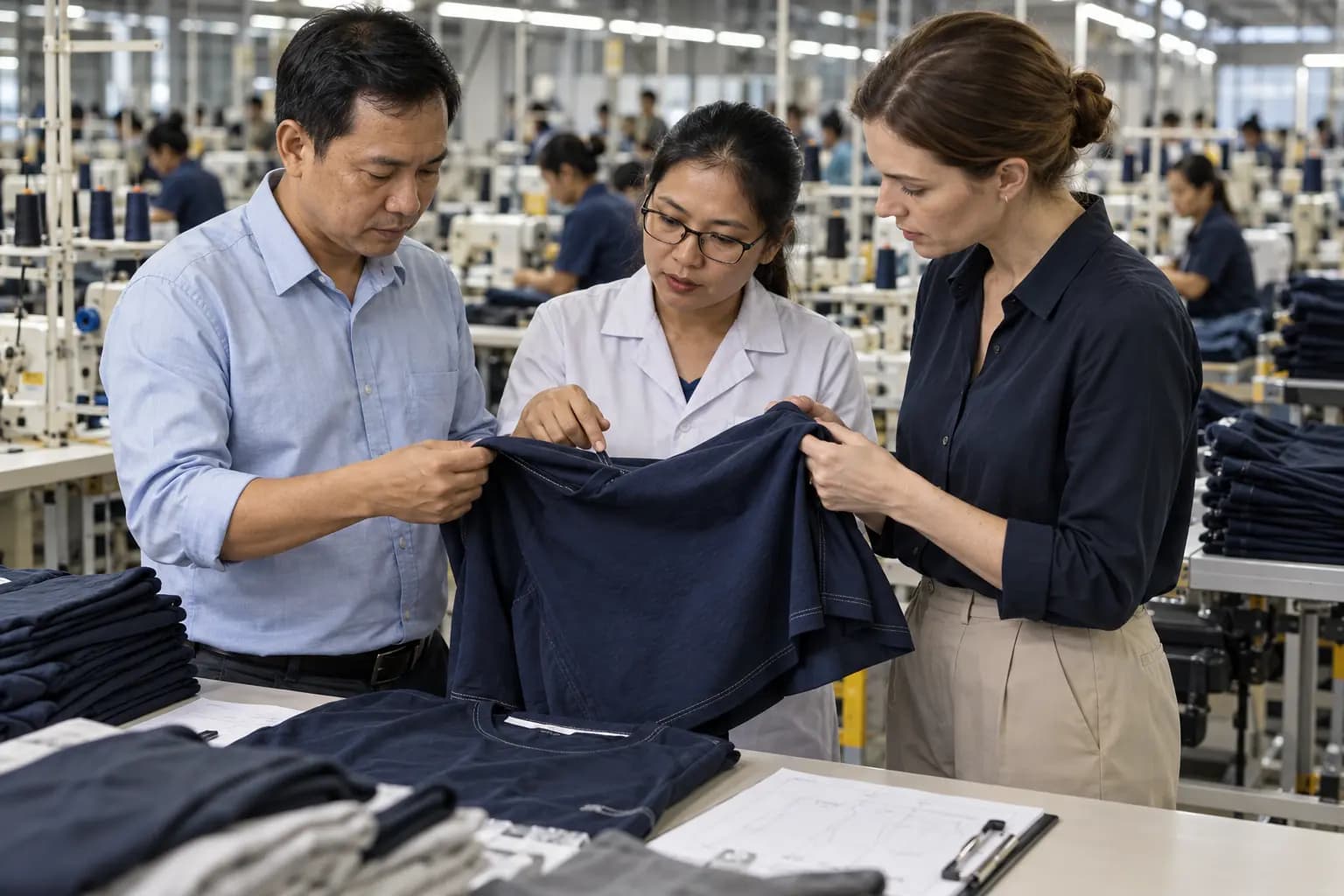 Quality inspector reviewing apparel production at a Thai factory