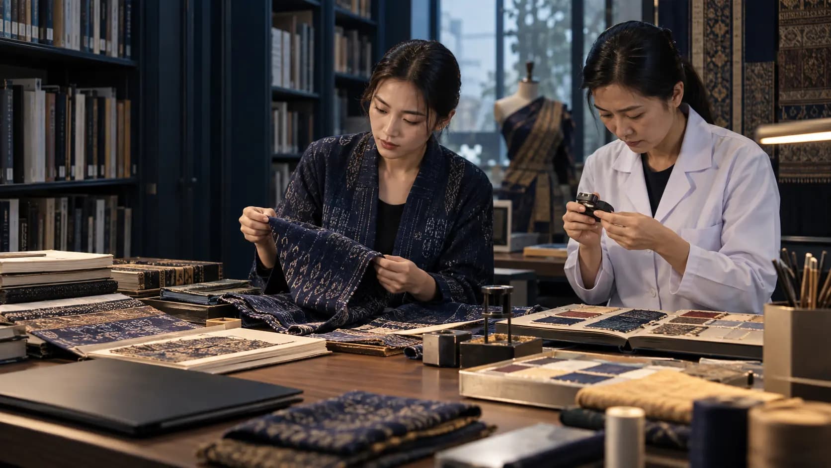 Researcher reviewing primary-source documents for Thailand's fashion sector
