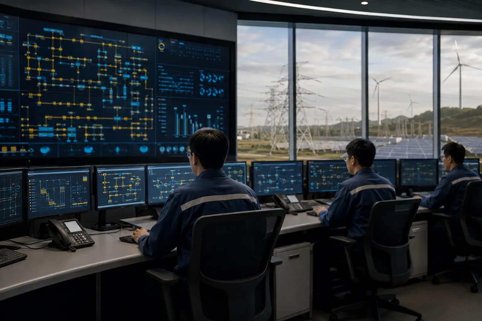 Grid control room engineers monitoring Thailand's national power system with transmission lines and wind turbines visible outside