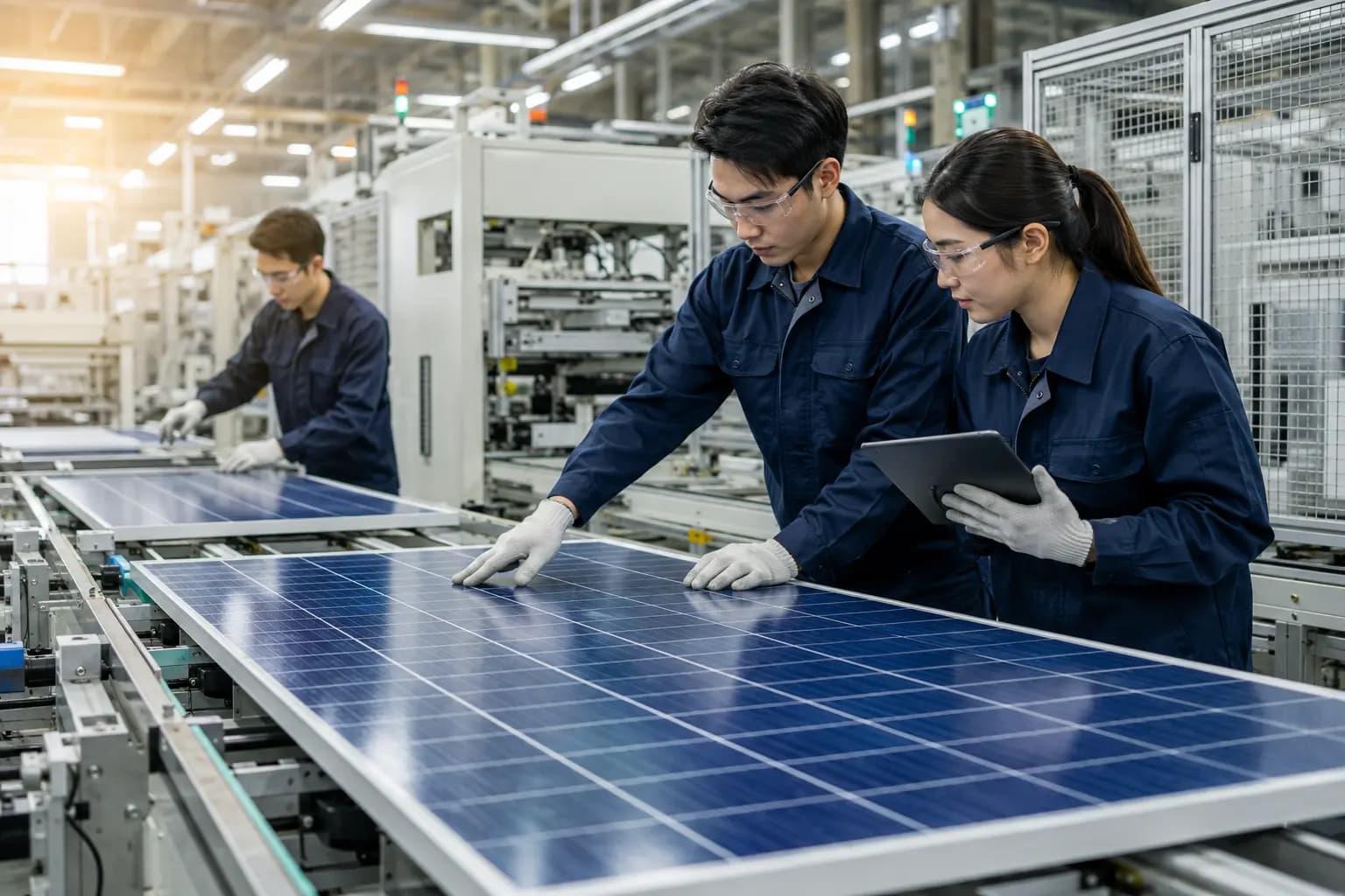 Technicians inspecting solar panels on a manufacturing production line in Thailand