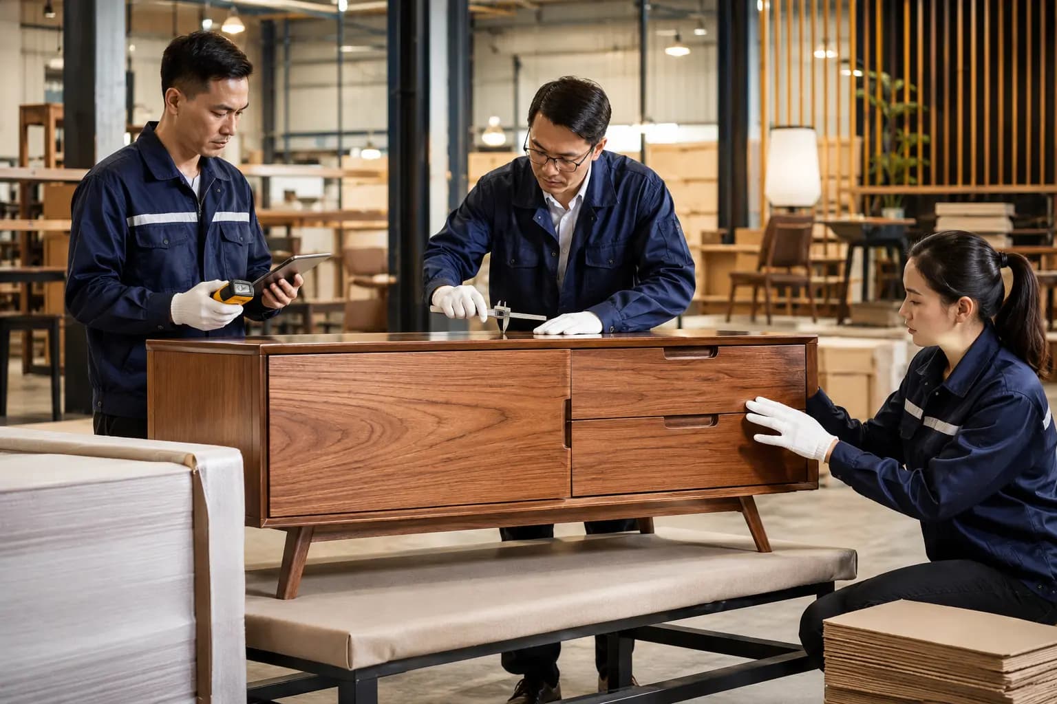 Quality inspectors measuring and testing finished wood furniture in a Thailand workshop