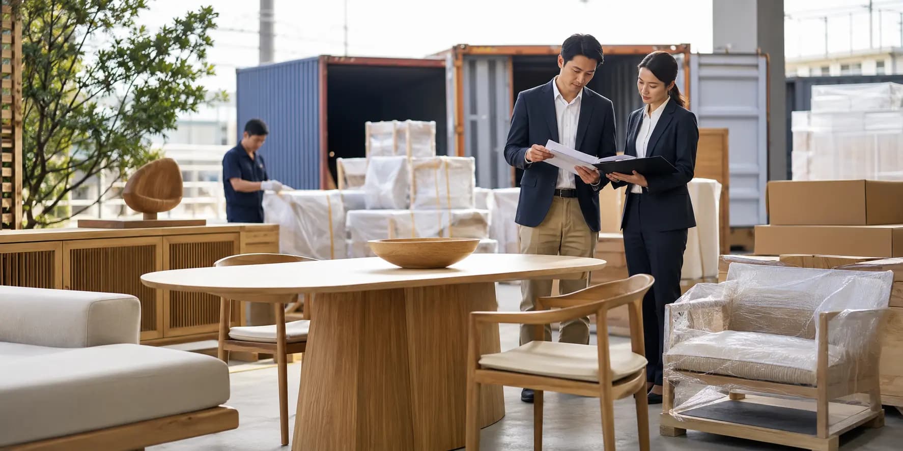 Furniture exporters reviewing shipping and export documentation beside packed containers in Thailand