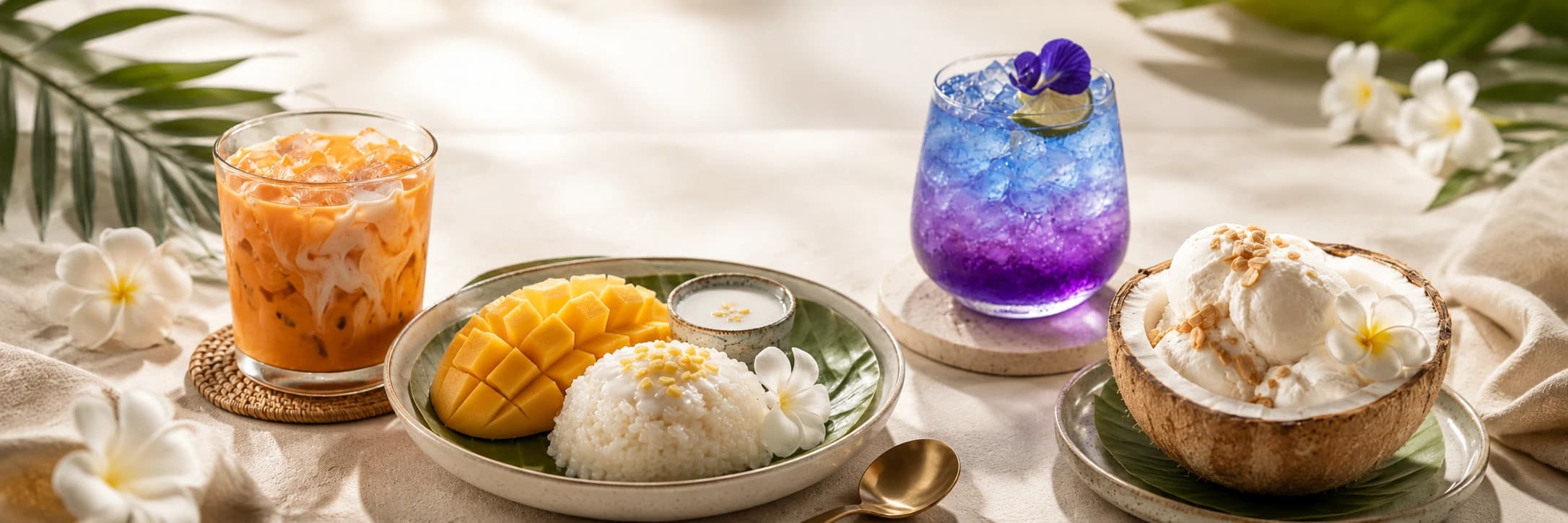 Thai drinks and desserts hero banner with Thai iced tea, butterfly pea drink, mango sticky rice and coconut ice cream