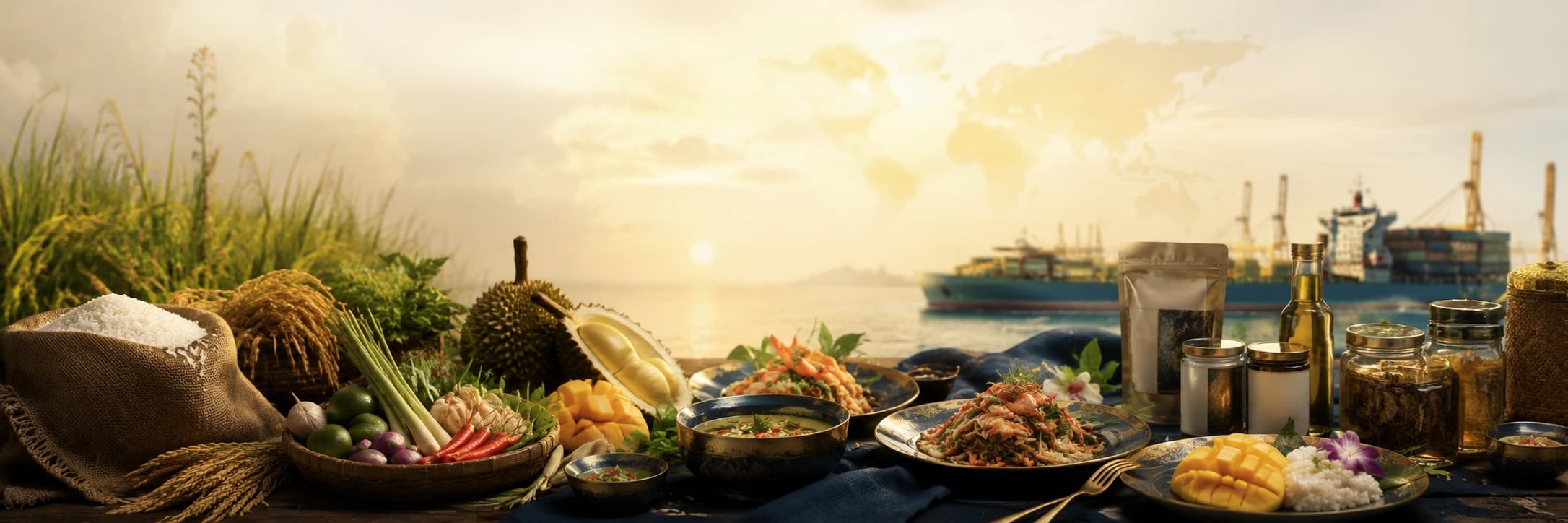 Editorial banner representing Thailand's food supply chain, export trade and global culinary reputation