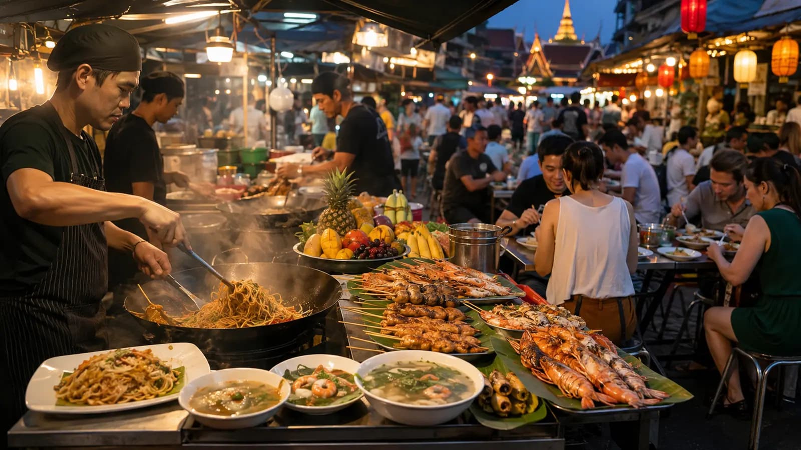 Bangkok street food stalls and night market dining