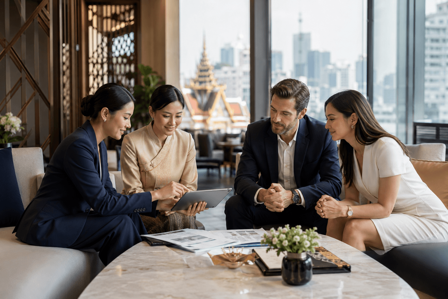 Thai investment advisers and international business visitors reviewing official investment information in a Bangkok office.