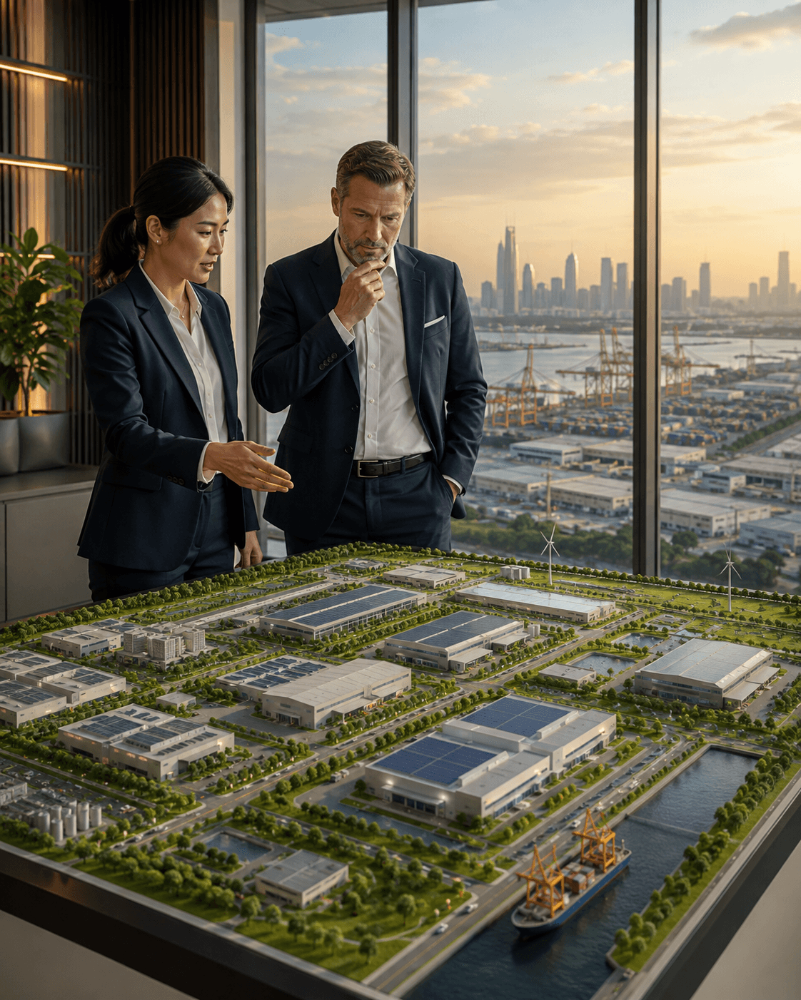 Thai investment adviser and international executive reviewing a sustainable industrial-estate plan in Thailand.
