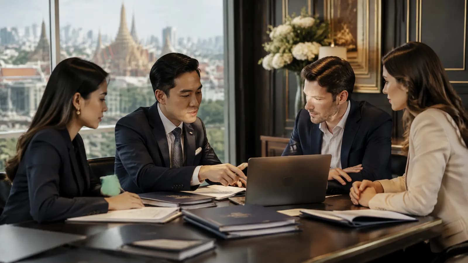 A group of investors and advisers reviewing a business registration site plan and model in Thailand