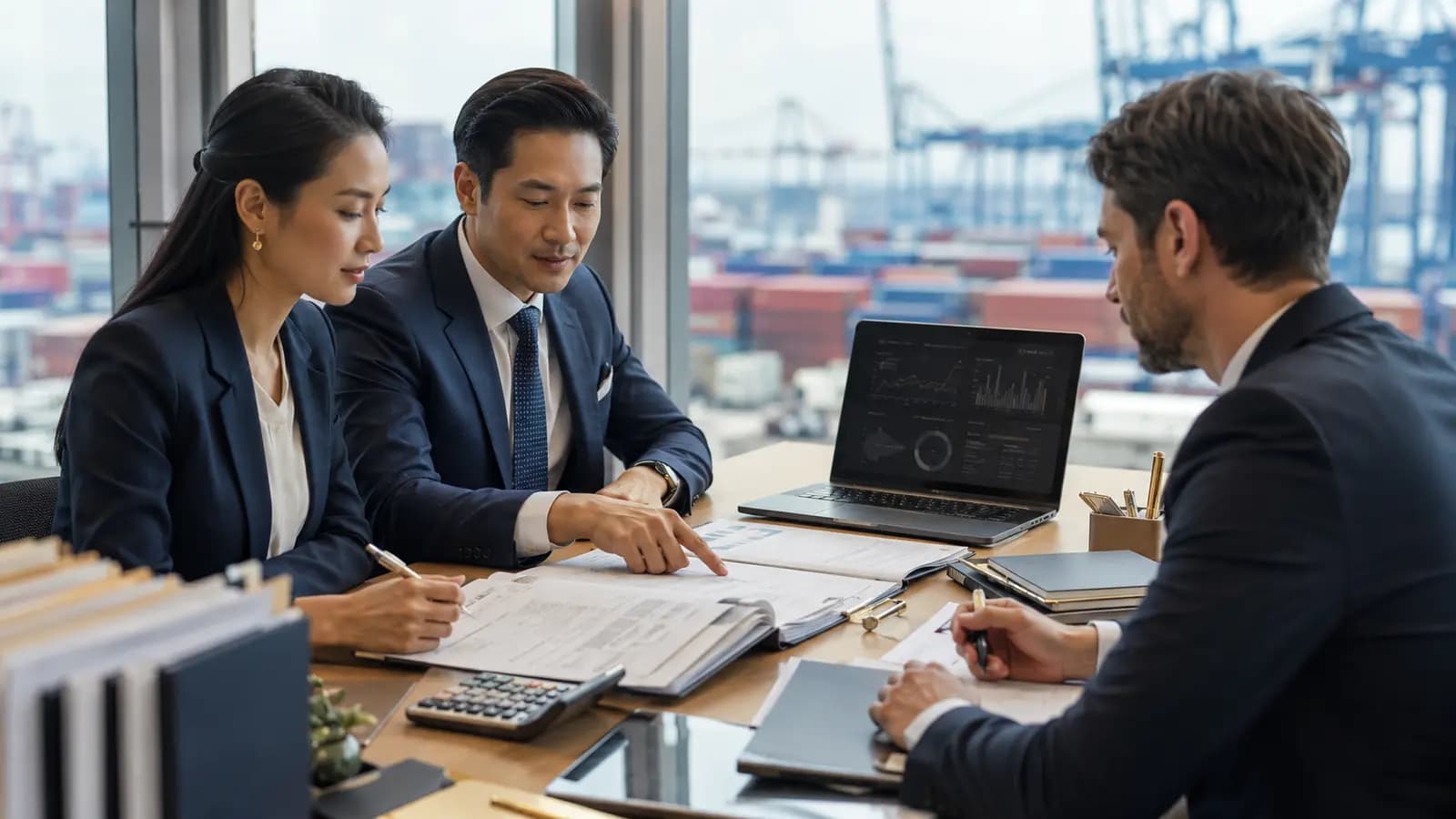 Two Thai finance professionals and an international colleague reviewing tax and customs paperwork beside a laptop showing financial charts, with a container port visible through the window.