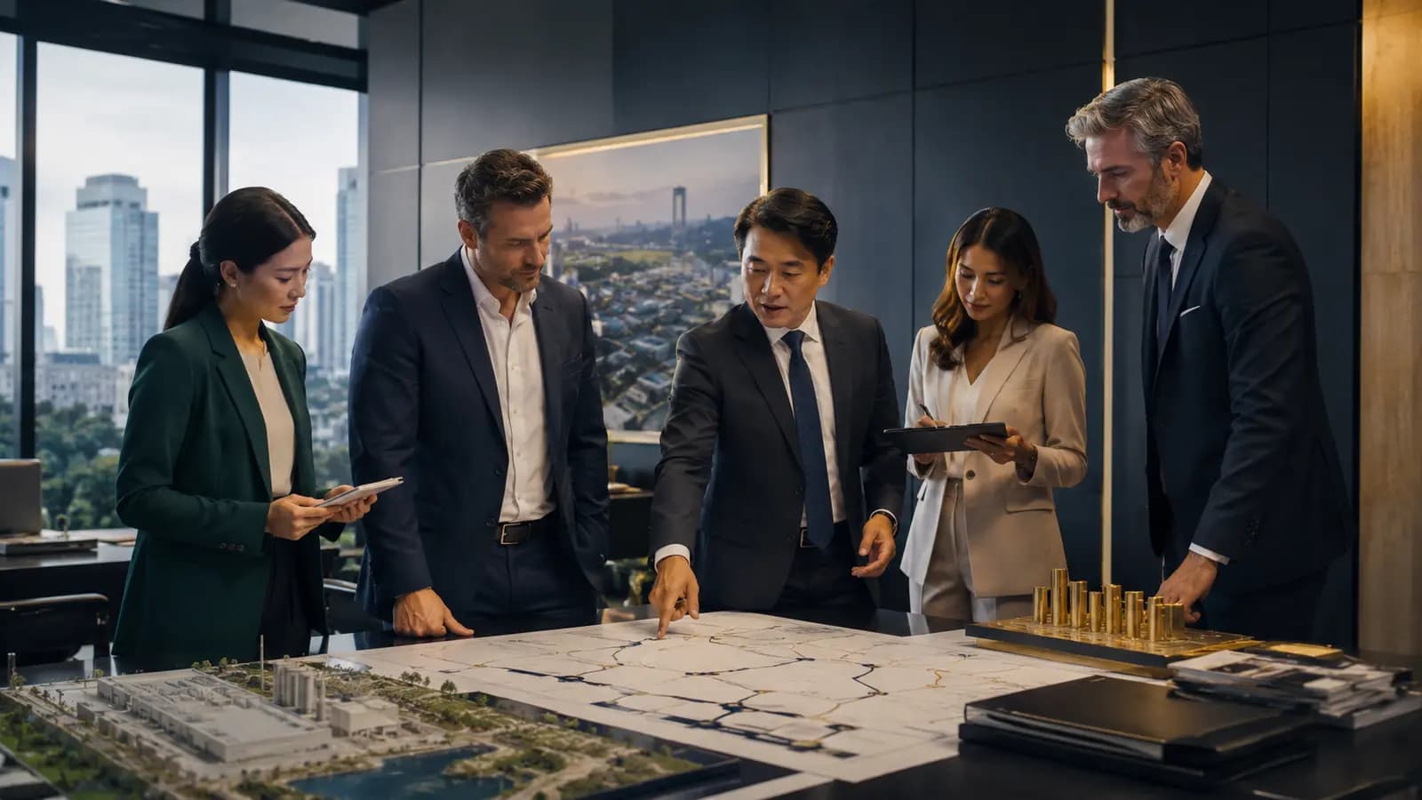 A group of investment stakeholders reviewing a shared industrial-estate site plan in Thailand