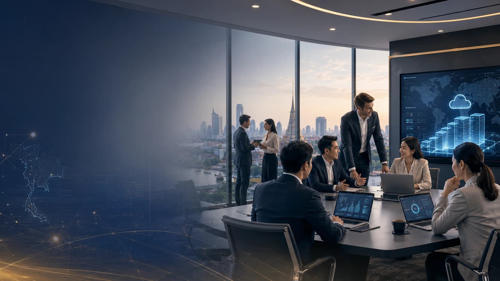 Technology executives collaborating in a Bangkok office overlooking the city