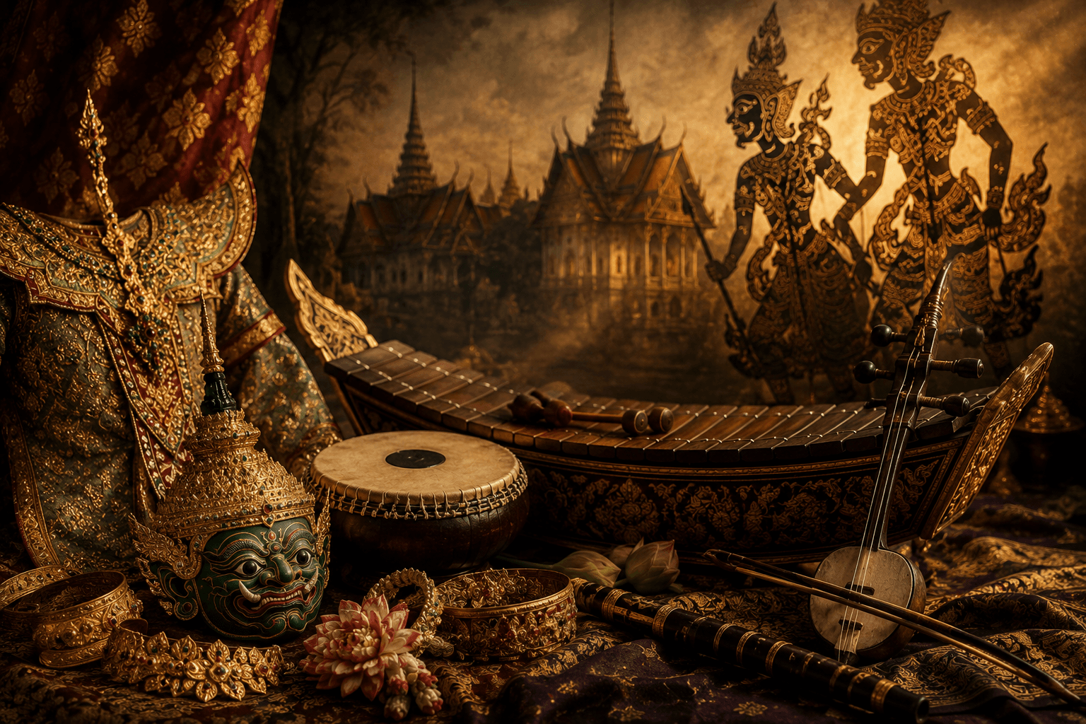 Traditional Thai musical instruments and khon performance costume detail