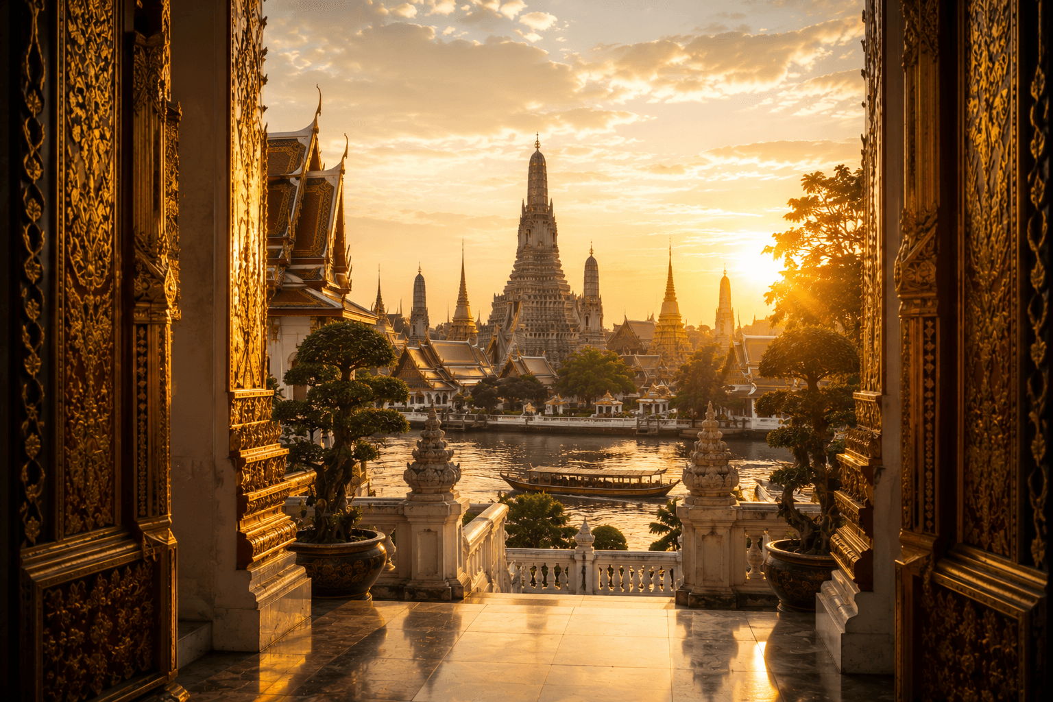 Ceremonial palace architecture and courtyard in Bangkok, viewed at golden hour