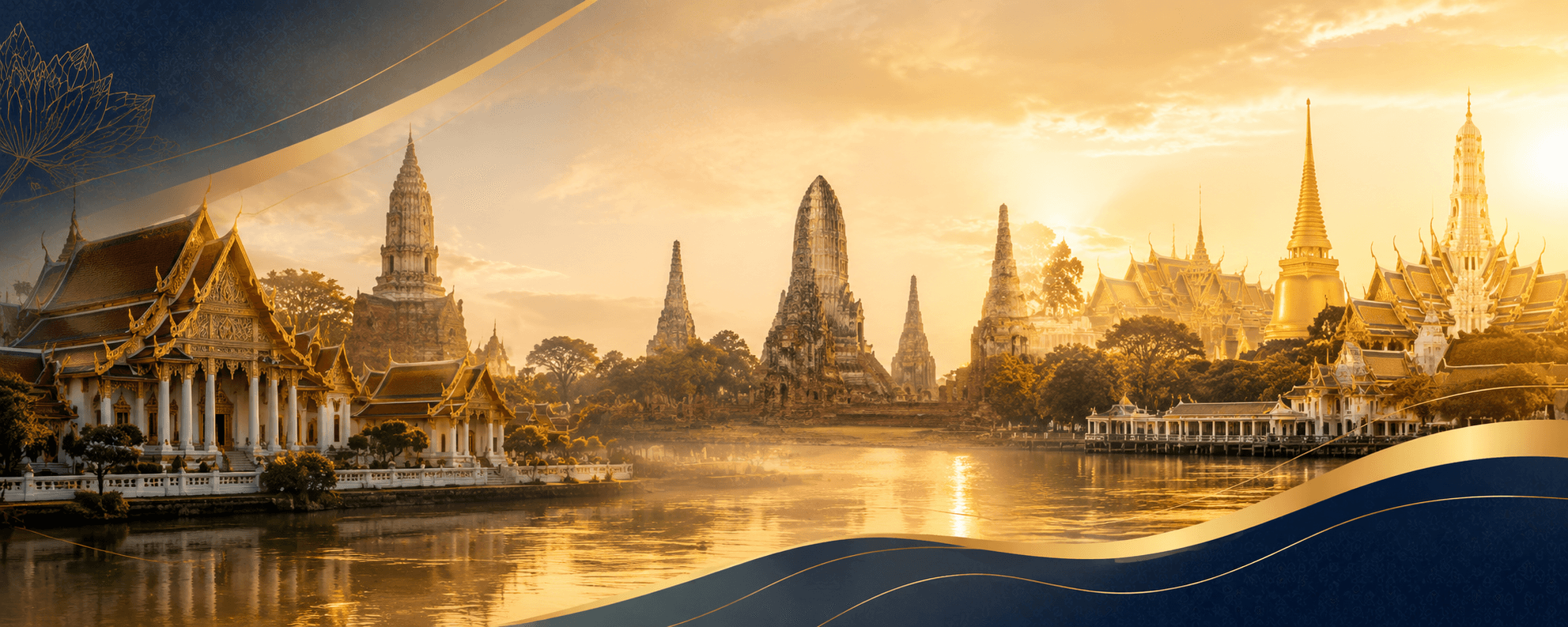 Ayutthaya ruin towers and a Rattanakosin-era temple complex beside the river