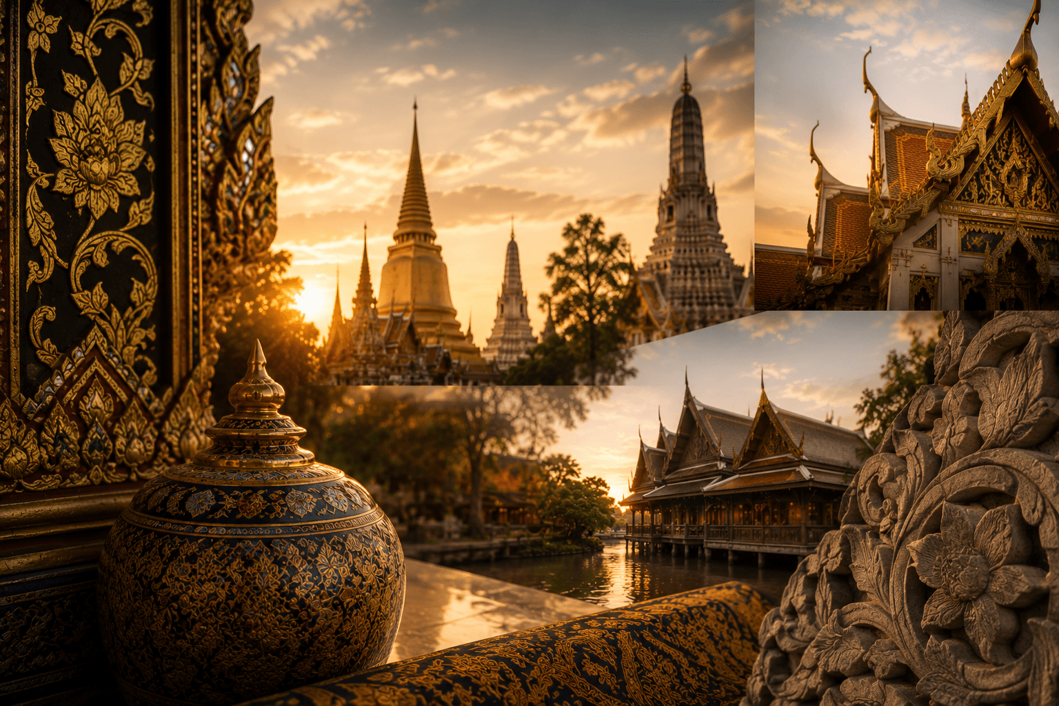 Thai royal and temple architecture, decorative arts and a riverside pavilion at golden hour