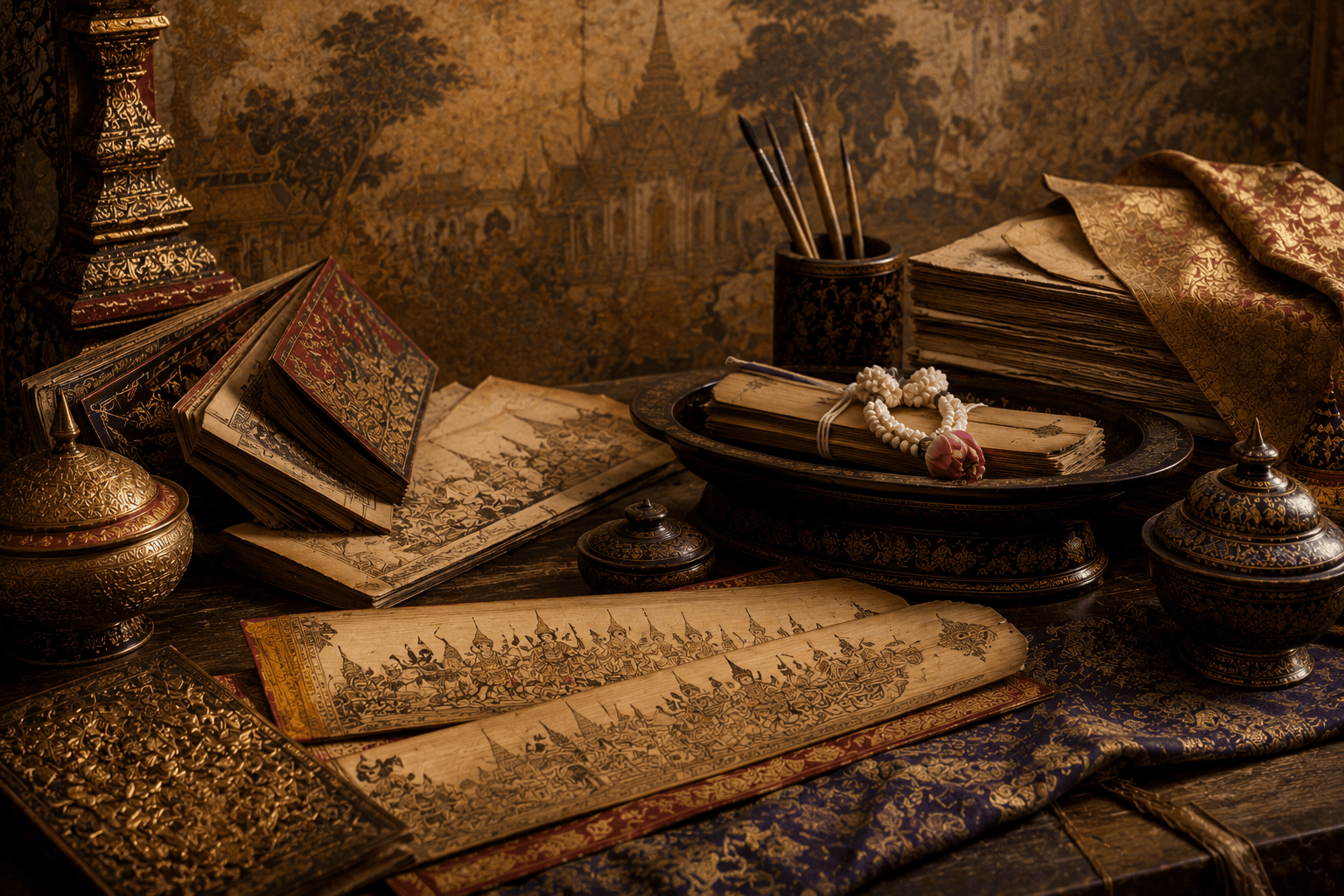 Traditional Thai manuscripts, ink brushes and lacquerware on a writing table