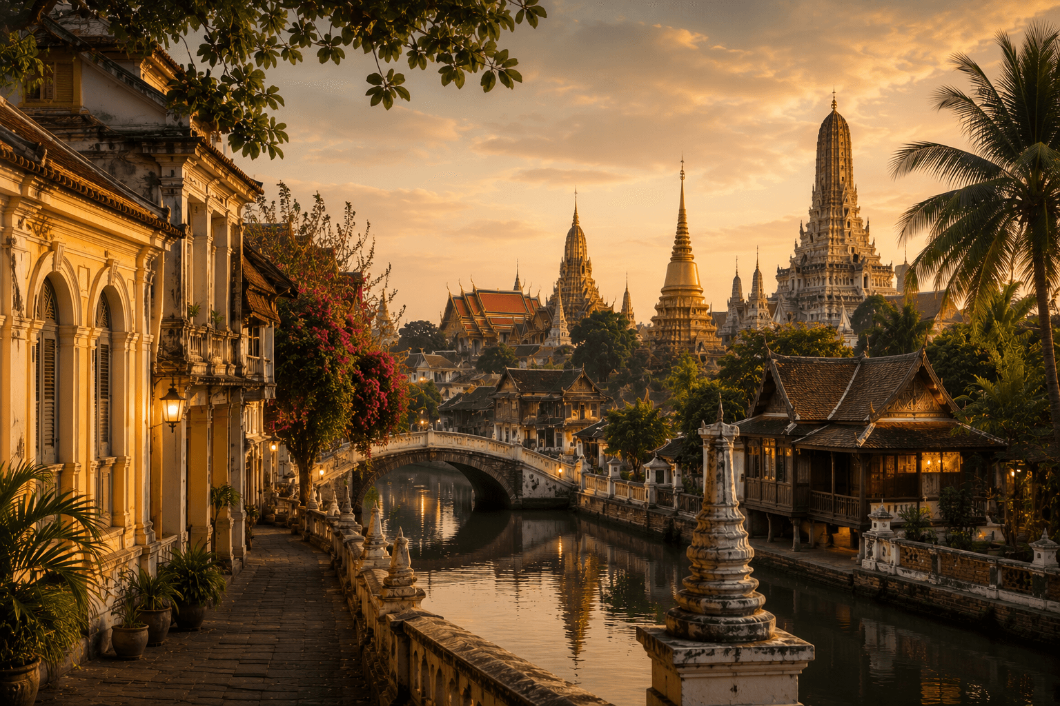 A historic riverside canal community with traditional architecture and a bridge